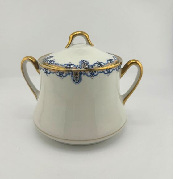 C Ahrenfeldt Limoges Made In France Sugar Bowl&Lid Double Handle Gold White Blue - Picture 2 of 7